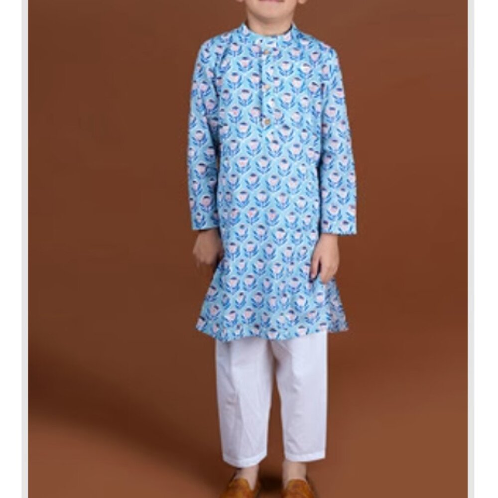 Blue Printed Desi Kurta With Pyjama (Set of 2) Boys Size 12-13